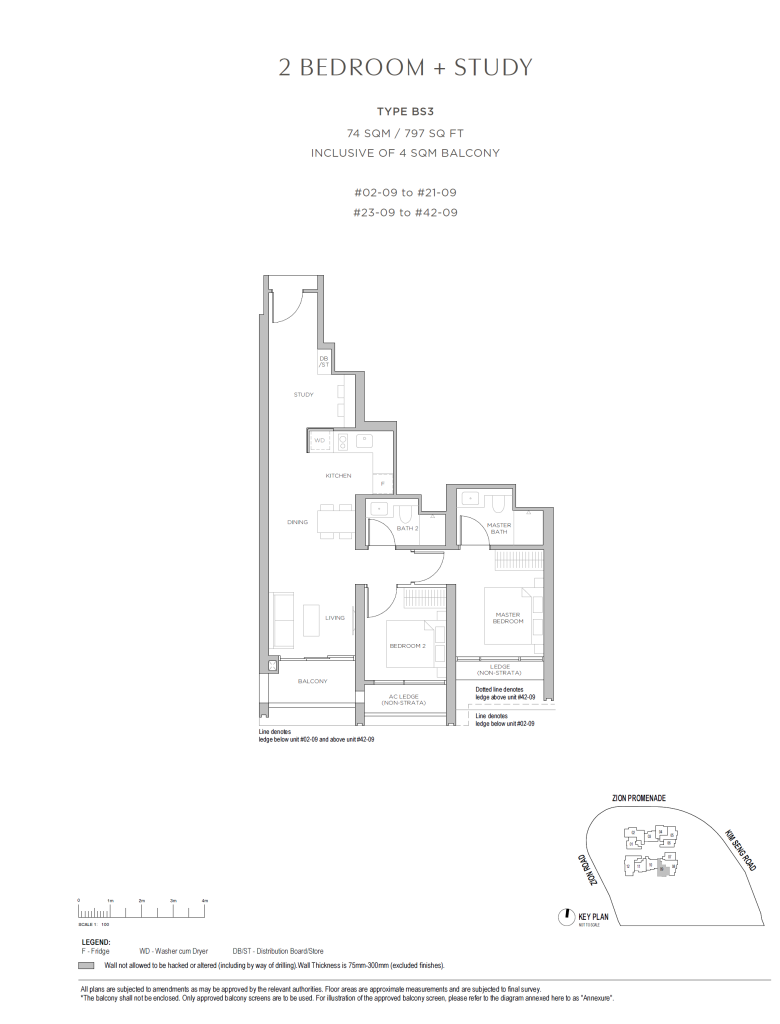 Promenade Peak Unit Floor Plan BS3 2BR + Study
